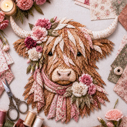 🐮💐🌸 Birth Flower Highland Cow 3D Layered Fabric Art DIY Kit (Beginner-friendly) 🔥 Buy 2 Free Shipping