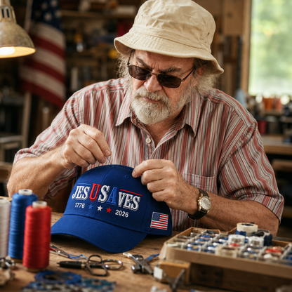 Jesus Saves USA 250th Anniversary Hand-Embroidered Patriotic Cap