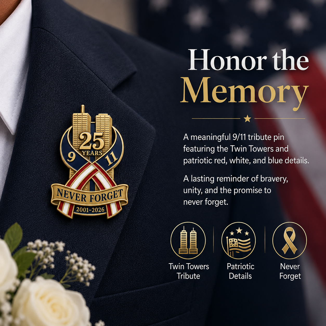 9/11 Never Forget 25th Anniversary Commemorative Lapel Pin