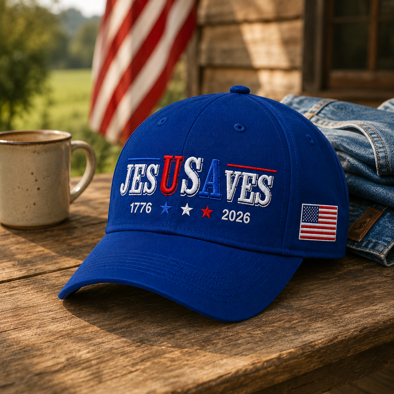Jesus Saves USA 250th Anniversary Hand-Embroidered Patriotic Cap
