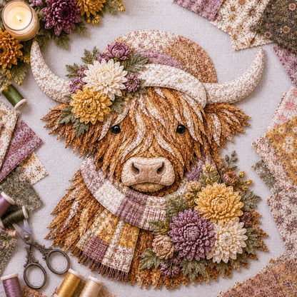 🐮💐🌸 Birth Flower Highland Cow 3D Layered Fabric Art DIY Kit (Beginner-friendly) 🔥 Buy 2 Free Shipping