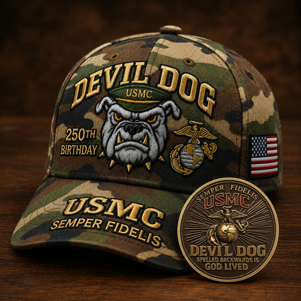 ❤️Devil Dog USMC 250th Birthday Commemorative Cap 🎁 Free Honor Coin With Every Cap Purchase