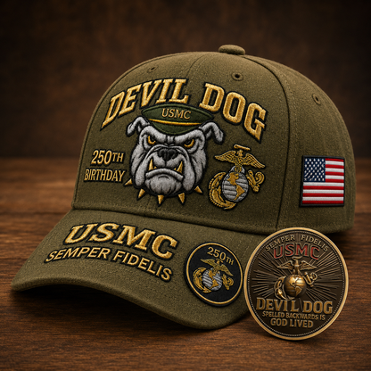 ❤️Devil Dog USMC 250th Birthday Commemorative Cap 🎁 Free Honor Coin With Every Cap Purchase