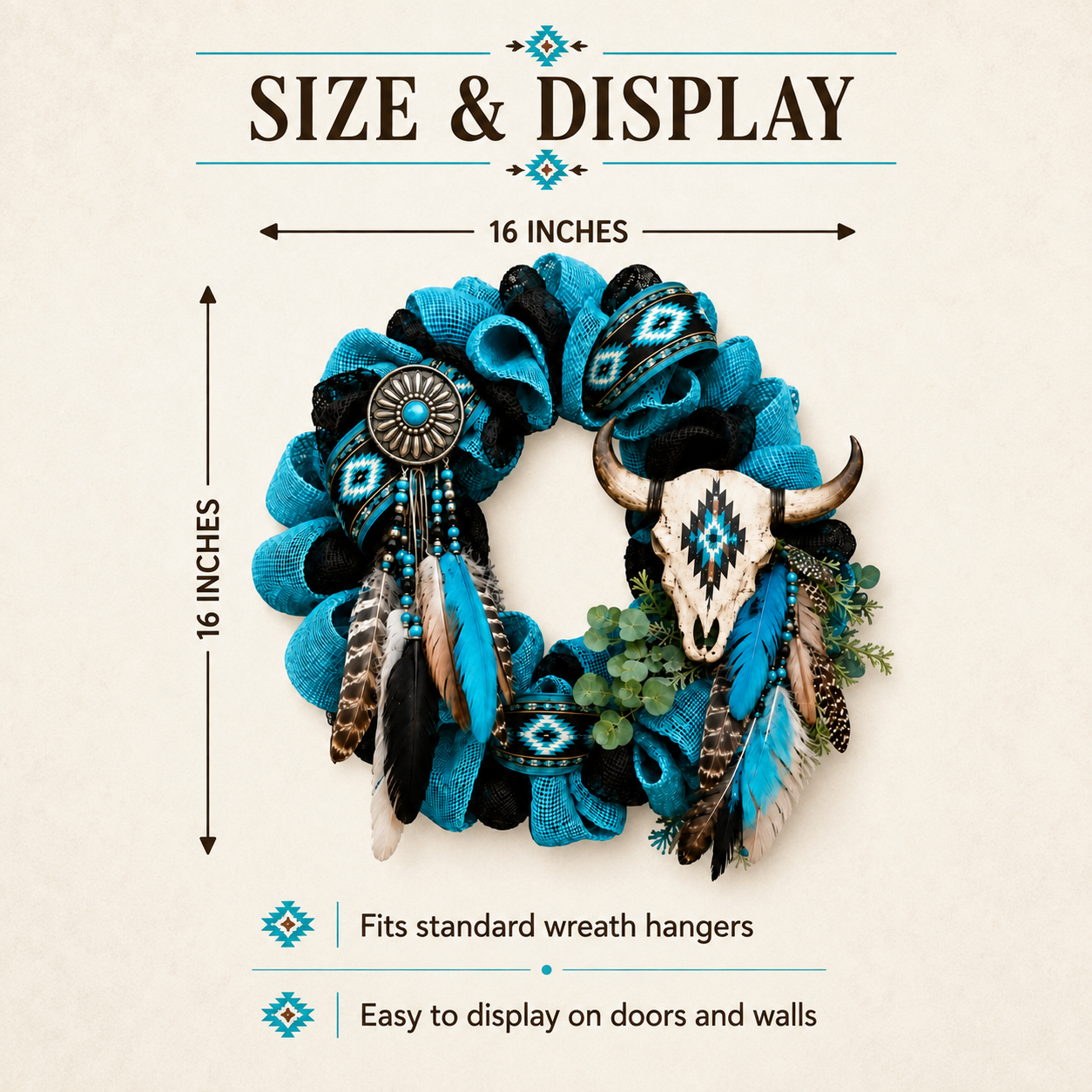 Southwestern Spirit Handcrafted Wreath – Rustic Longhorn Skull & Feather Door Décor