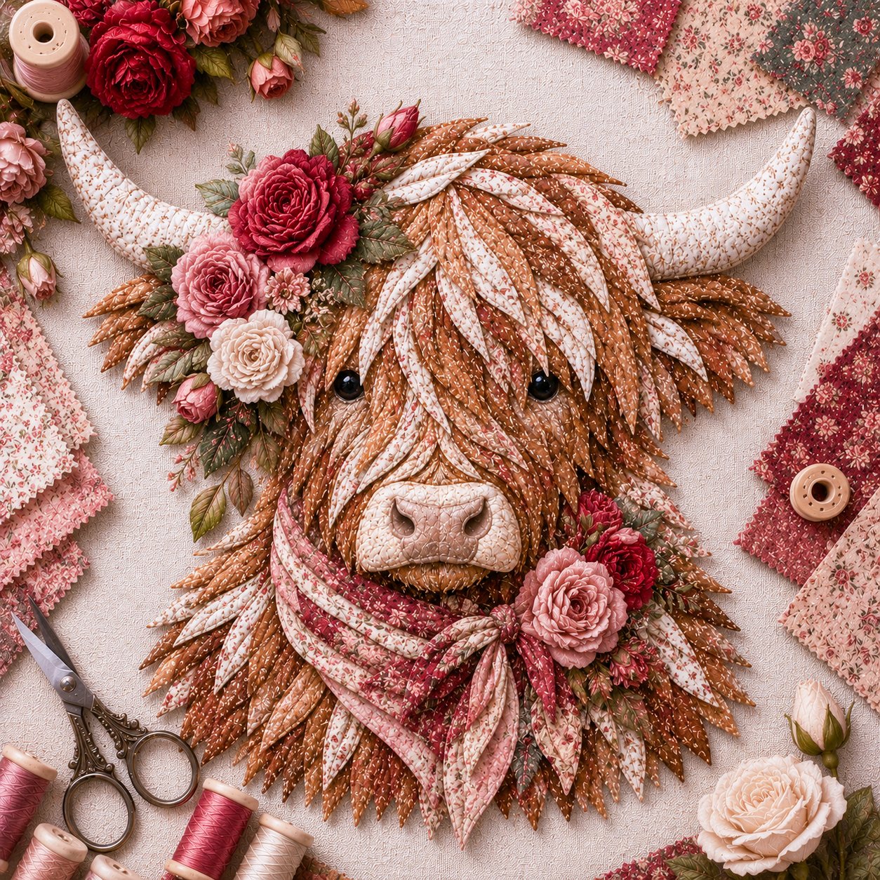 🐮💐🌸 Birth Flower Highland Cow 3D Layered Fabric Art DIY Kit (Beginner-friendly) 🔥 Buy 2 Free Shipping