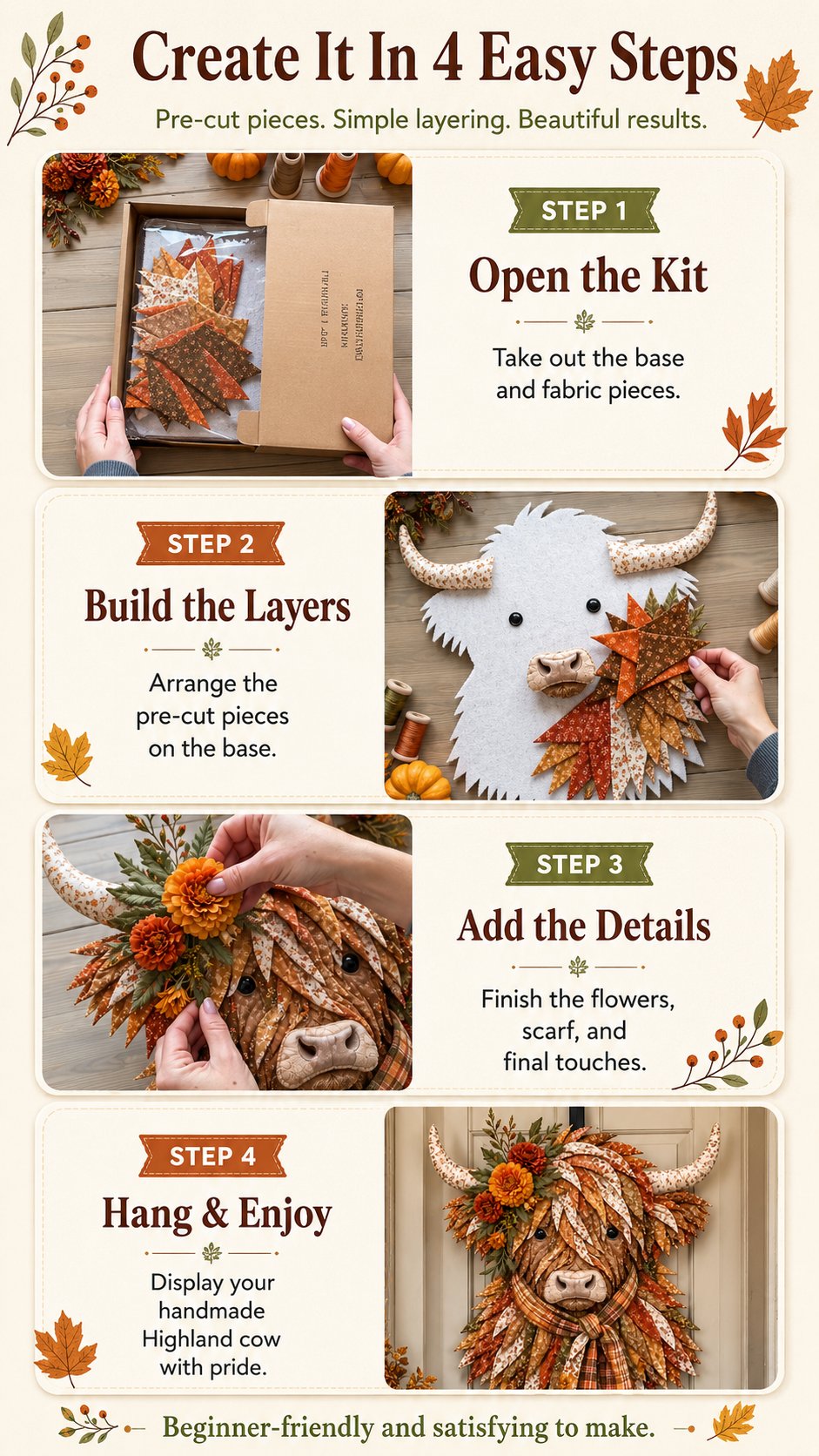 🐮💐🌸 Birth Flower Highland Cow 3D Layered Fabric Art DIY Kit (Beginner-friendly) 🔥 Buy 2 Free Shipping
